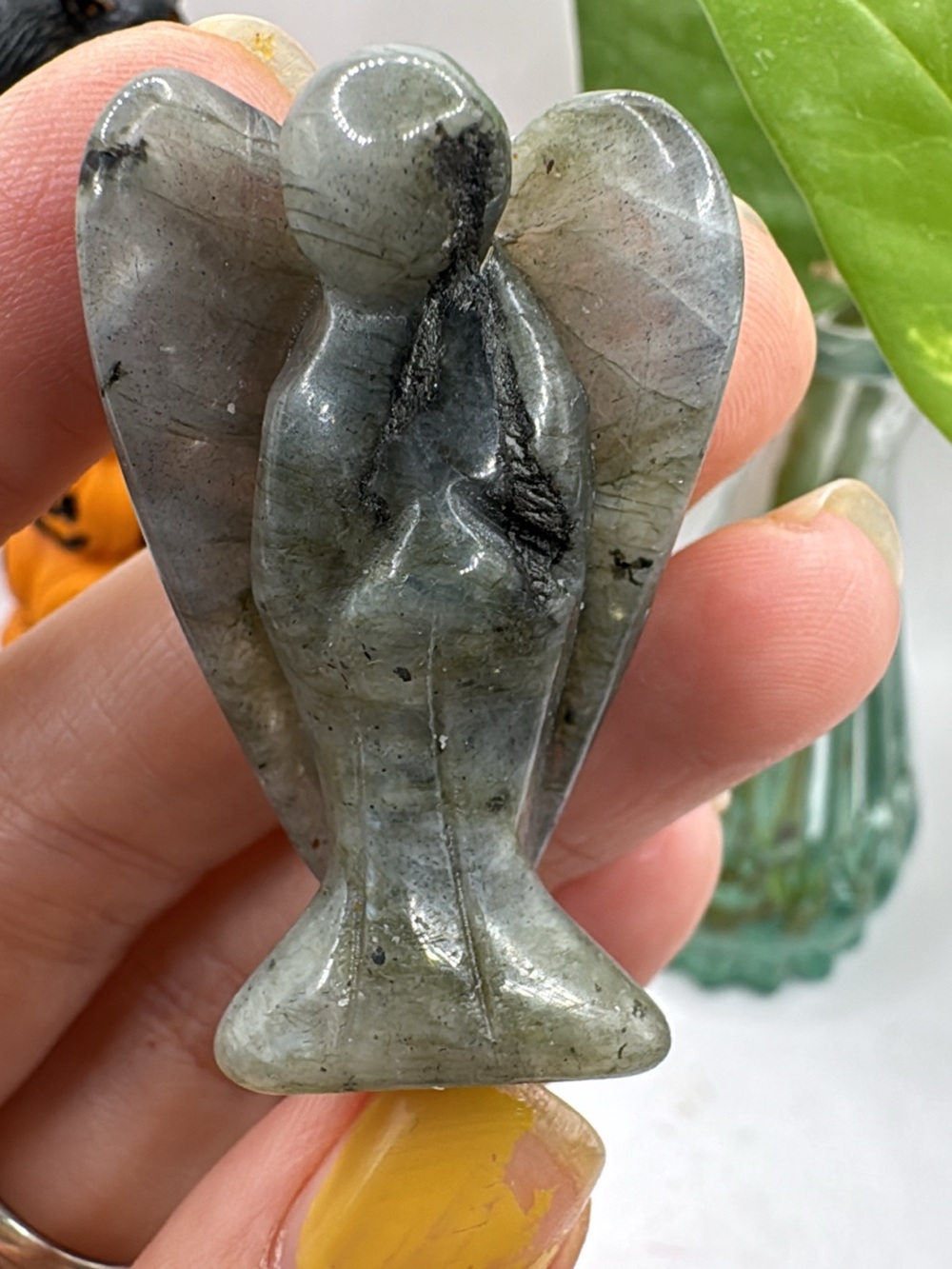 Labradorite Angel Figurine Necklace Pendant - Gray Green